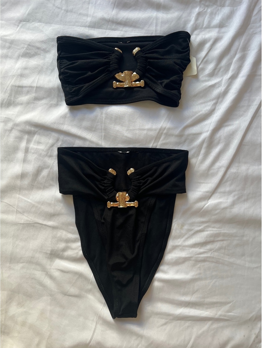 Black Bandeau Bikini Set With Gold Hardware